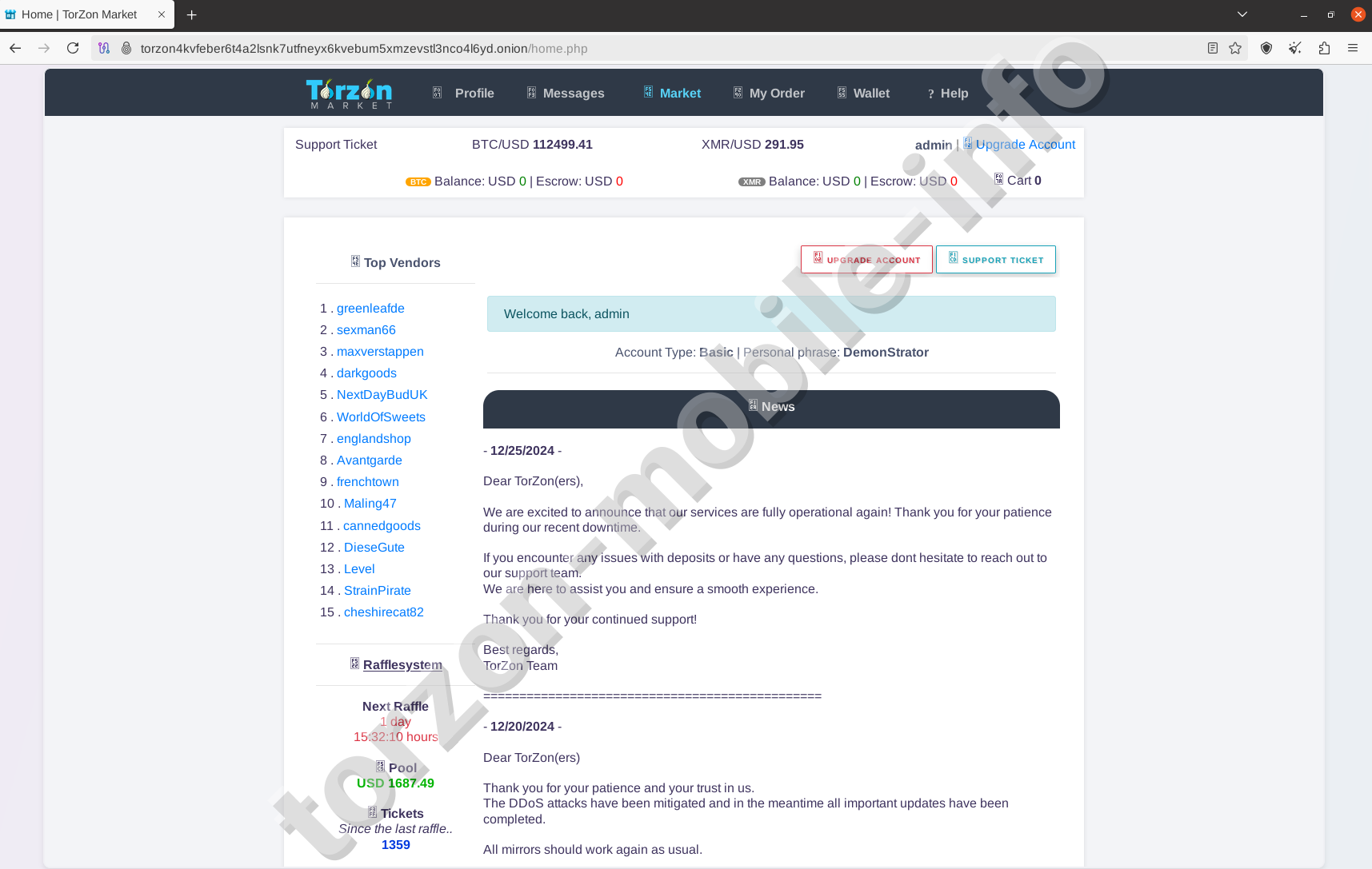 Torzon Darknet Market Home Dashboard